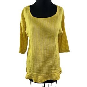 Lungo L'Arno Yellow White M Top Striped Round Neck 3/4 Sleeve Ruffle ITALY